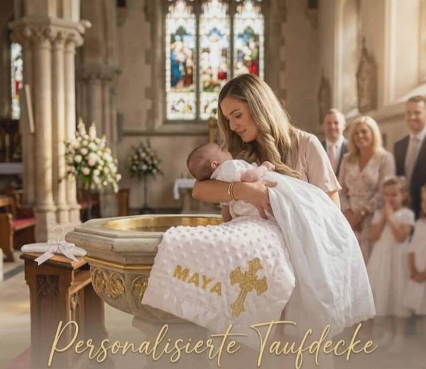 Taufdecke Babydecke Kuscheldecke personalisiert Geschenk Taufe Geburt Paten Weiß