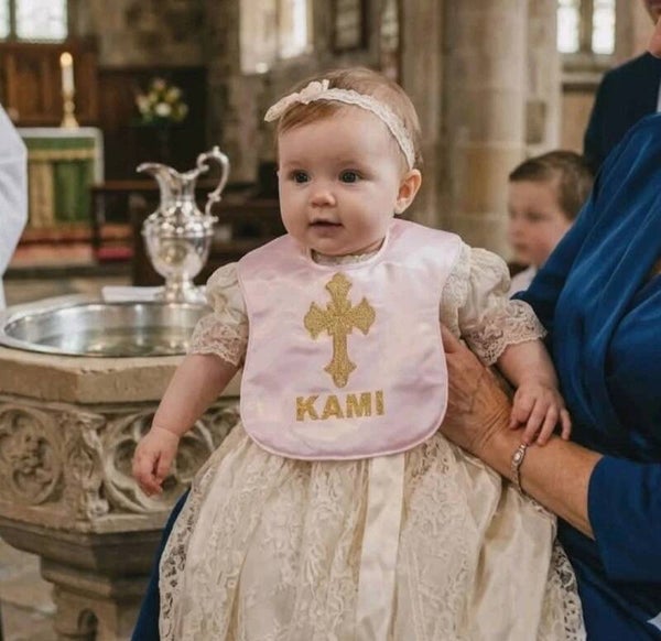 Baby Lätzchen Satin Tauflätzchen Taufe Kreuz Gold Geschenk Geburt  Taufe Weiß