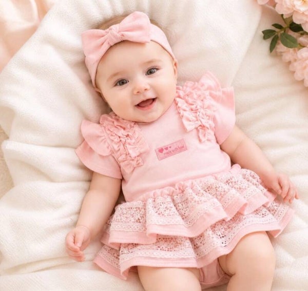 Baby Mädchen Set Gr.62 68  Rock Body Stirnband Geschenk Geburt Party Taufe rosa