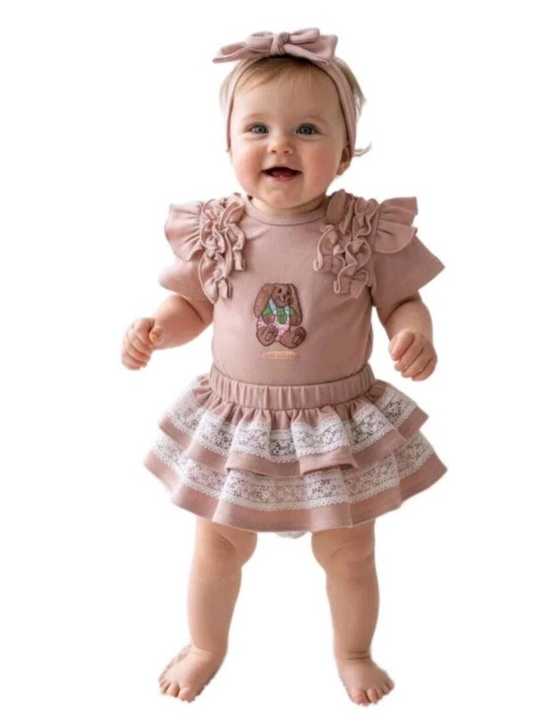 Baby Mädchen Set rosa Gr. 68 74 Rock Body Stirnband Geschenk Geburt Geburtstag