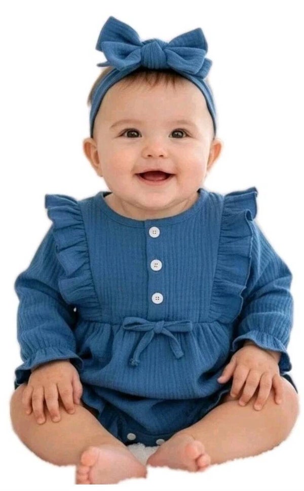 Baby Mädchen Geschenk Geburt Set Gr. 62 68 Strampler Stirnband Blau Fotoshooting
