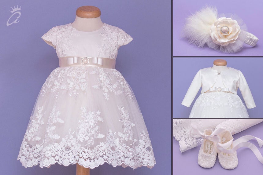 Baby Taufkleid Spitze Gr. 74 Kleid Taufe Baby Set Stirnband Bolero Schuhe 4tlg ivory 6-9 Monate