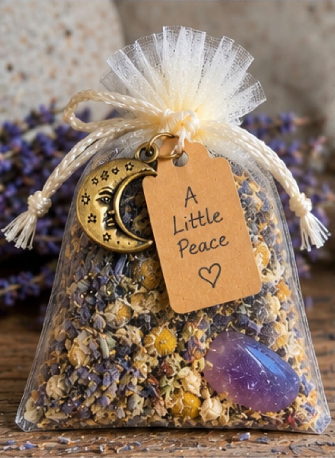 A Little Peace. Botanical Intention Pouch with Amethyst Crystal.