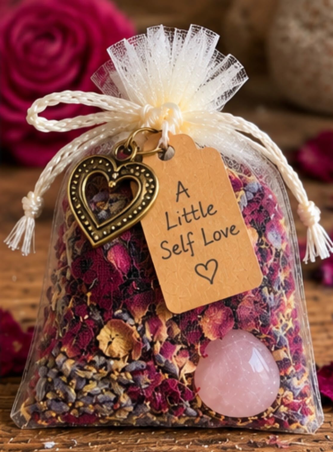 A Little Self-Love. Botanical Intention Pouch with Rose Quartz Crystal.