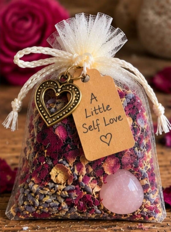 A Little Self-Love. Botanical Intention Pouch with Rose Quartz Crystal.