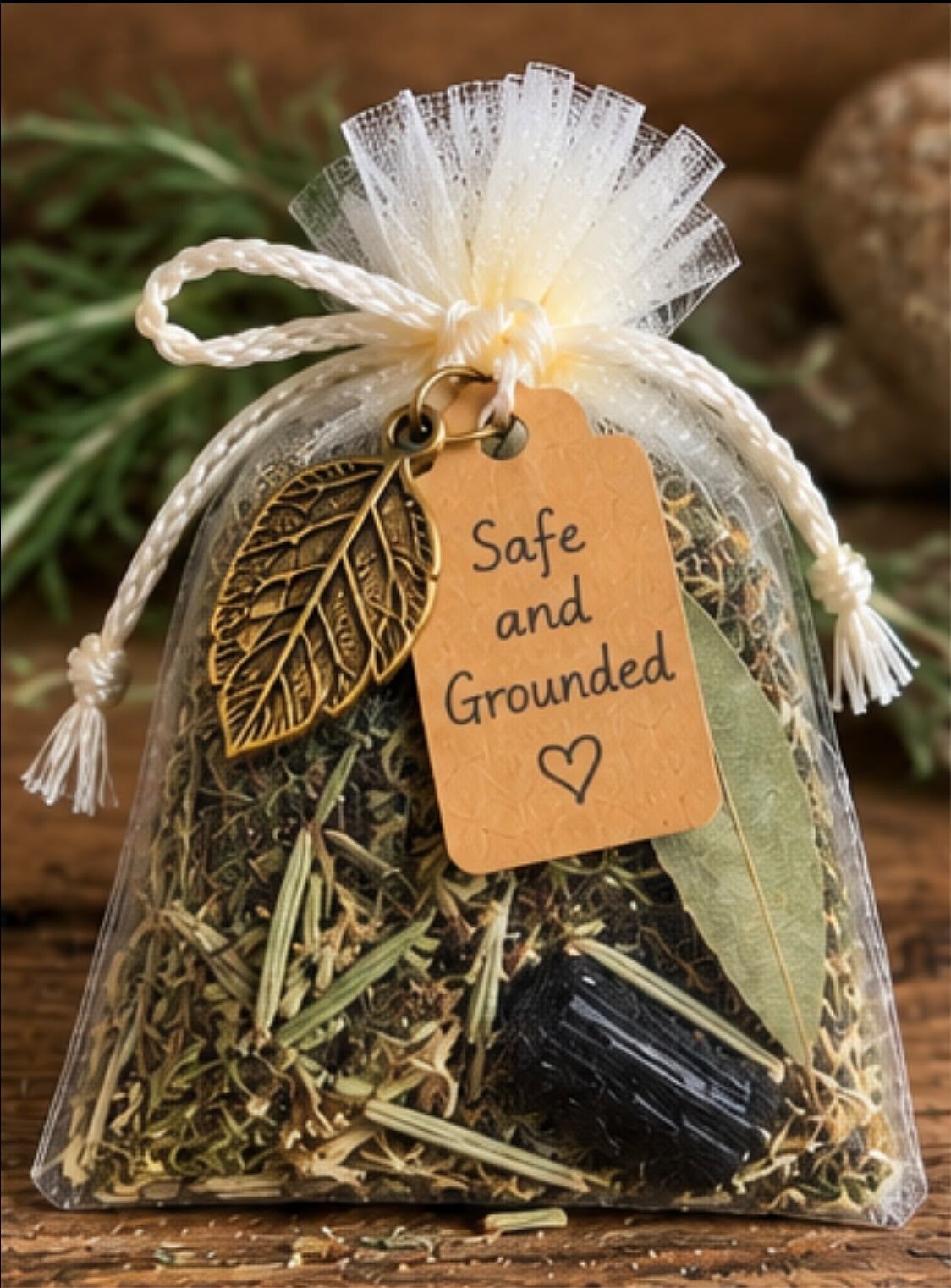 Safe & Grounded. Botanical Intention Pouch with Black Tourmaline Crystal.