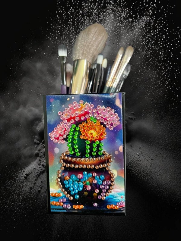 Whimsical Blooming Cactus Diamond Art Makeup Brush Holder WITH BRUSHES!