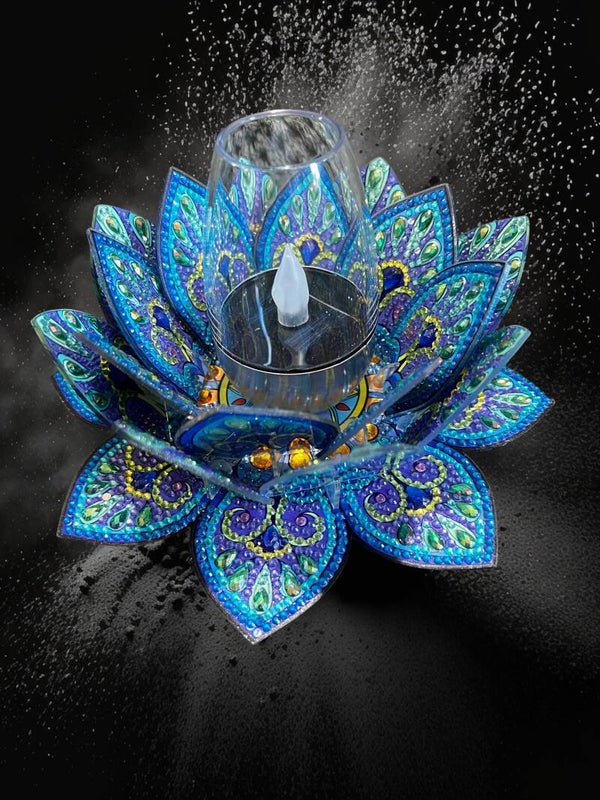 Peacock Blue Lotus Flower Diamond Art Candle Holder