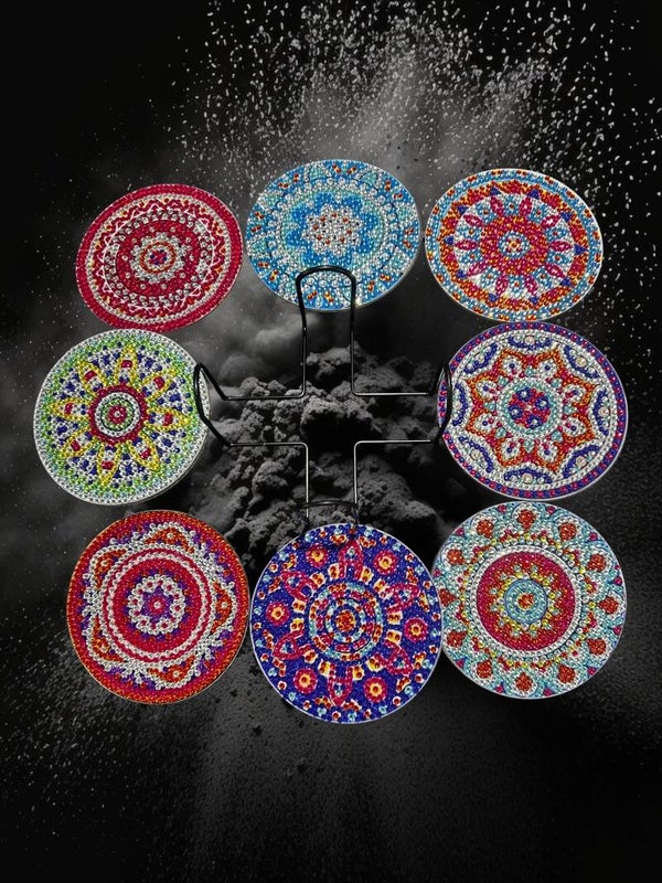 Elegant Bohemian Mandala Diamond Art Coaster Set with Holder (8-Piece)