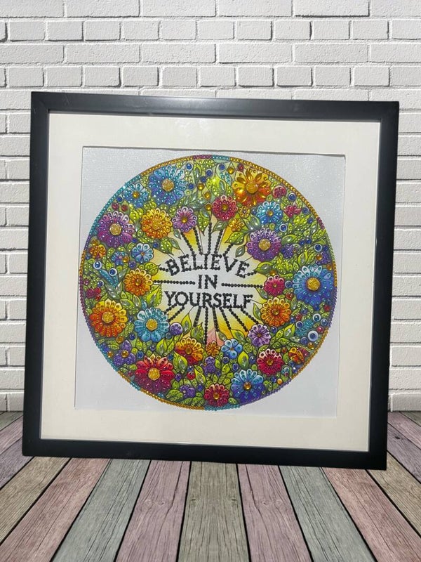 Stunning Brand New Framed "Believe in Yourself" Floral Mandala Diamond Painting Wall Art