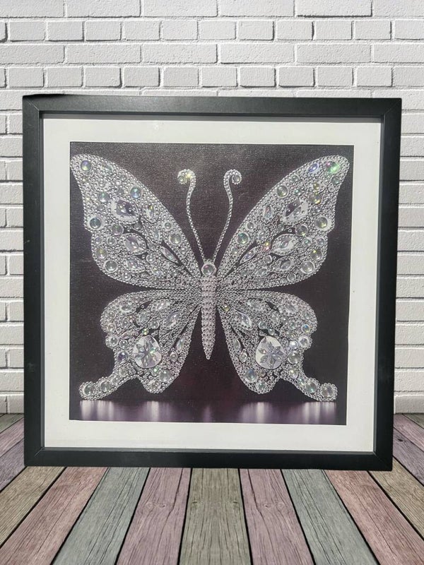 Stunning Brand New Framed Silver Crystal Butterfly Diamond Painting Wall Art