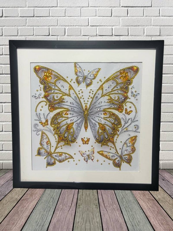 Stunning Brand New Framed Imperial Gold & Silver Butterfly Diamond Painting Wall Art