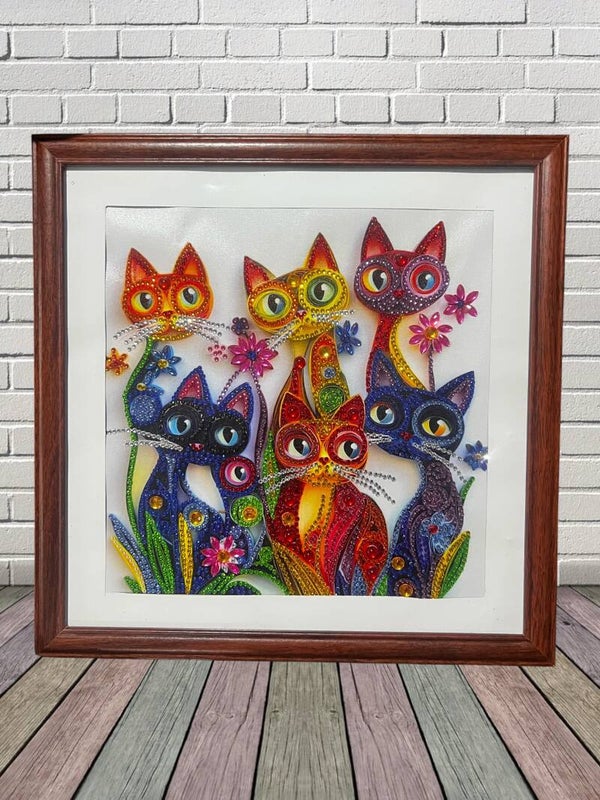 Stunning Brand New Framed Whimsical Cats & Garden Diamond Painting Wall Art