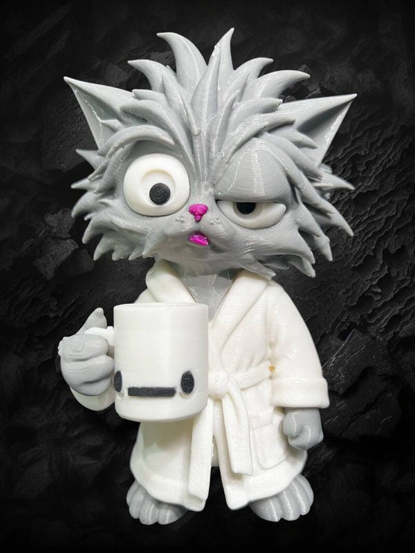 3D-Printed "Not a Morning Person" Cat in Bathrobe Figurine