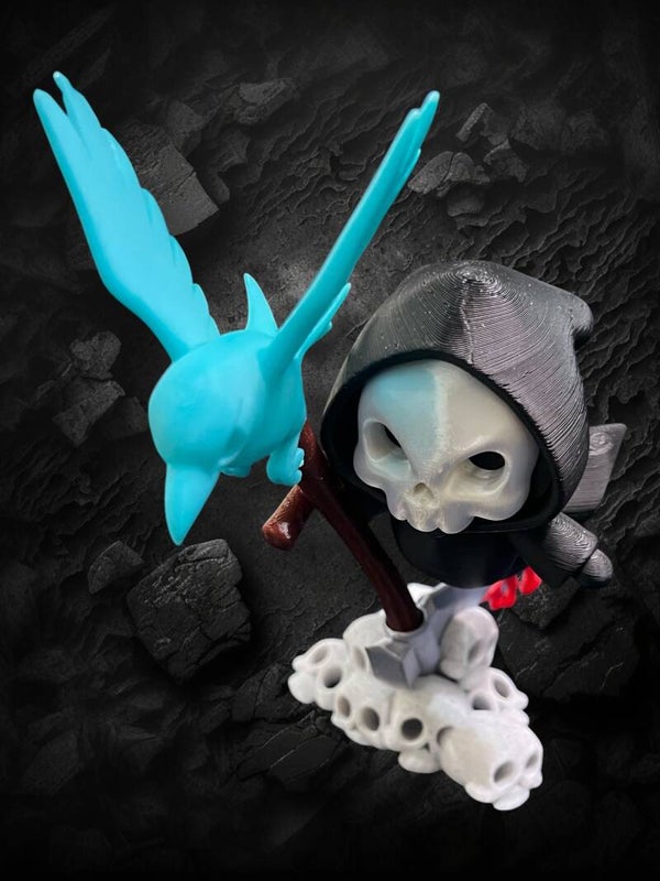3D-Printed Chibi Grim Reaper & Spirit Bird Display Model (15cm)