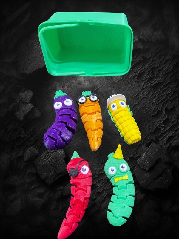 Playful & Flexible: 3D-Printed Articulated Veggie Slug Fidget Toy Set with Storage Bin