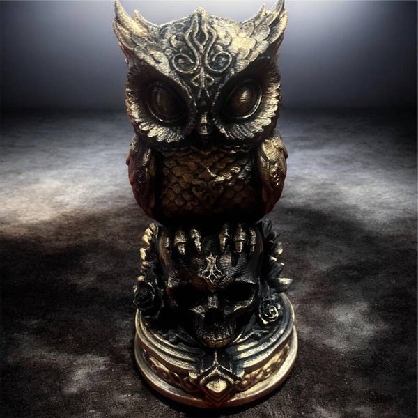 Gothic Owl & Skull 3D Printed Statuette – Striking 25cm Home Decor