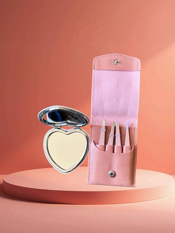 Blushing Mandala: Diamond Painting Heart-Shaped Compact Mirror & Tweezers Set