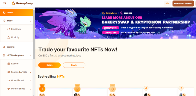 BakerySwap est un hub multifonctionnel. BakerySwap offre une marketplace de NFT en plus d’une large gamme de services de finance décentralisée.