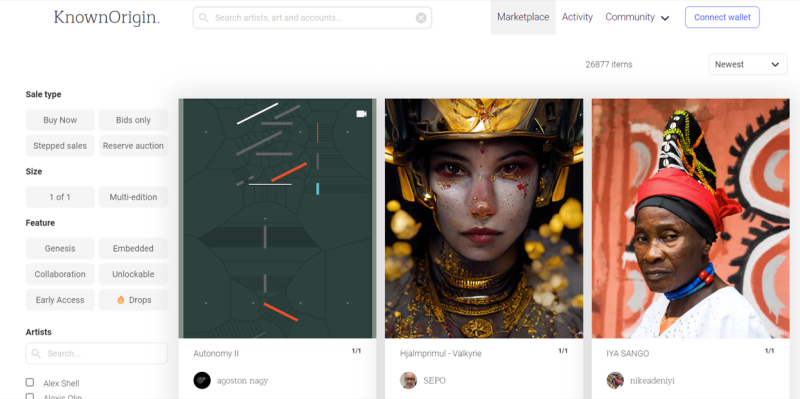 Known Origin propose également des NFT à caractère unique et authentique. C’est la blockchain Ethereum qui certifie la sécurité de la plateforme. Au sein de Known Origin, chaque créateur peut soumettre ses œuvres sous format jpg ou Gif.