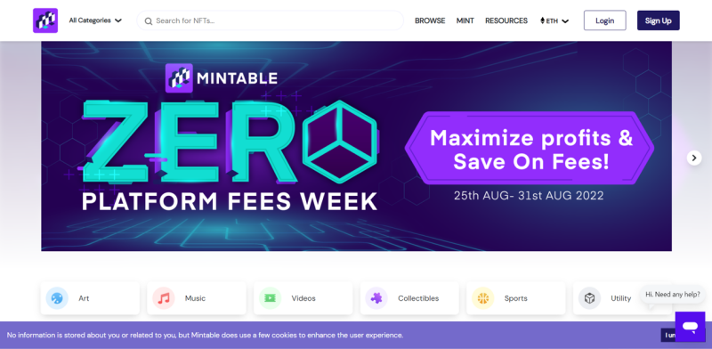 Mintable est une plateforme NFT où il est possible de transformer fichiers audio ou vidéo en NFT. La marketplace est basée sur les blockchains Ethereum et Zilliqa. Il est nécessaire de connecter un portefeuille virtuel pour utiliser Mintable.