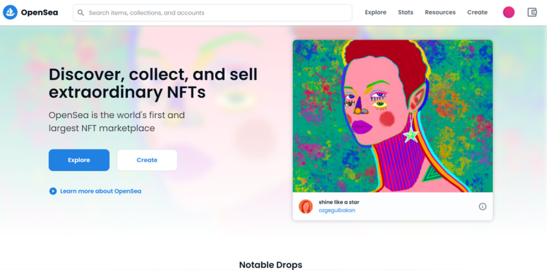 OpenSea est de loin la plus grande plateforme avec son catalogue de NFT de tous types. Avec OpenSea, vous pouvez vendre à prix fixe, dégressif ou via une enchère. Pour l'achat de NFT sur OpenSea, il est nécessaire de connecter un portefeuille virtuel.