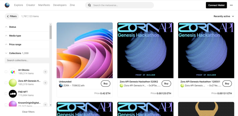 Zora est une maison de vente aux enchères décentralisée où les utilisateurs peuvent créer des NFT et les mettre en vente. Zora tient à proposer aux créateurs une totale autonomie dans les échanges avec leur public.