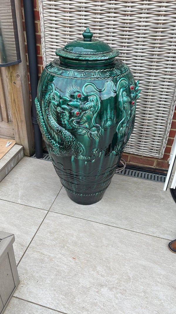 Tall Emerald Green Dragon Pot with Lid
