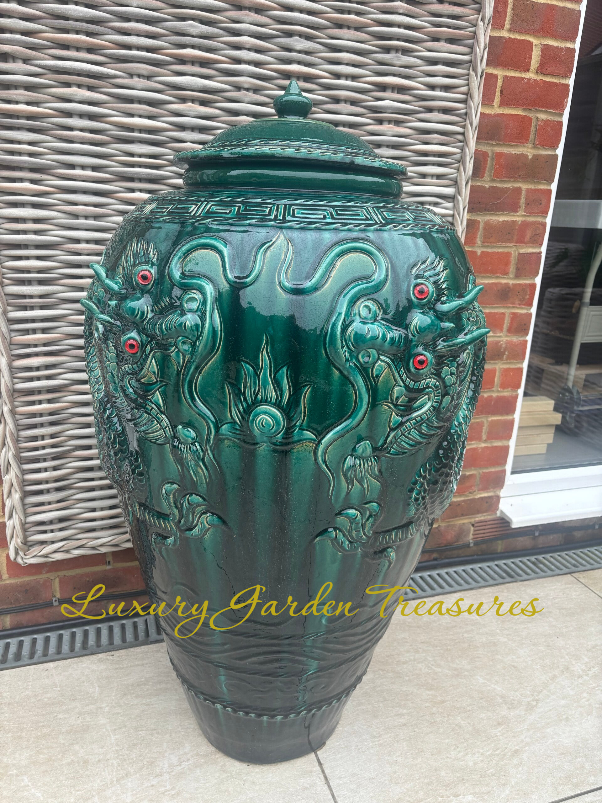 Tall Emerald Green Dragon Pot with Lid