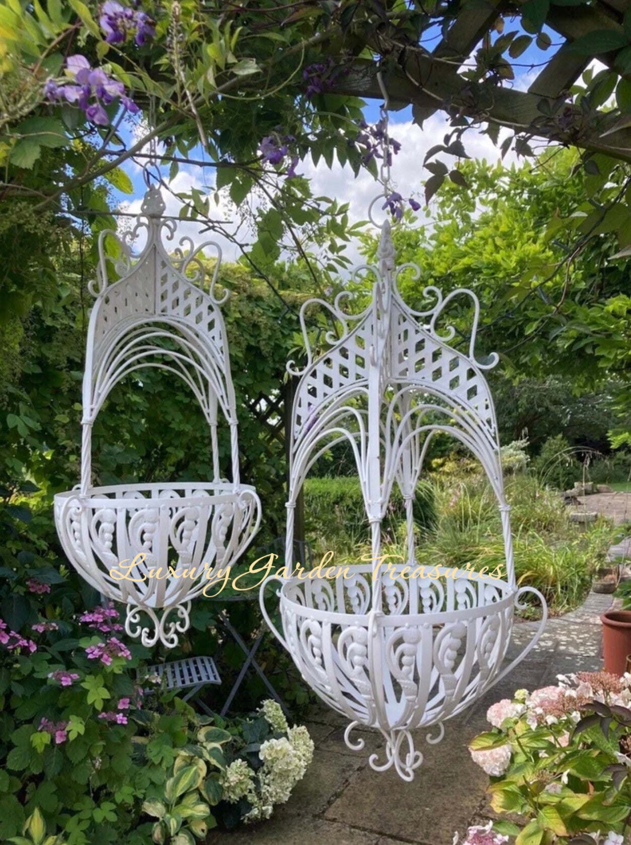 Large Elegant Decorative Hanging Basket – Cream Wrought Iron Style