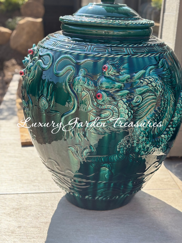Fat Imperial Emerald  Green & Gold Dragon Pot with Lid
