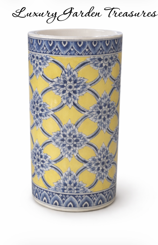 Sunshine Yellow & Indigo Cylinder Planter - Hand-Painted Ceramic Planter