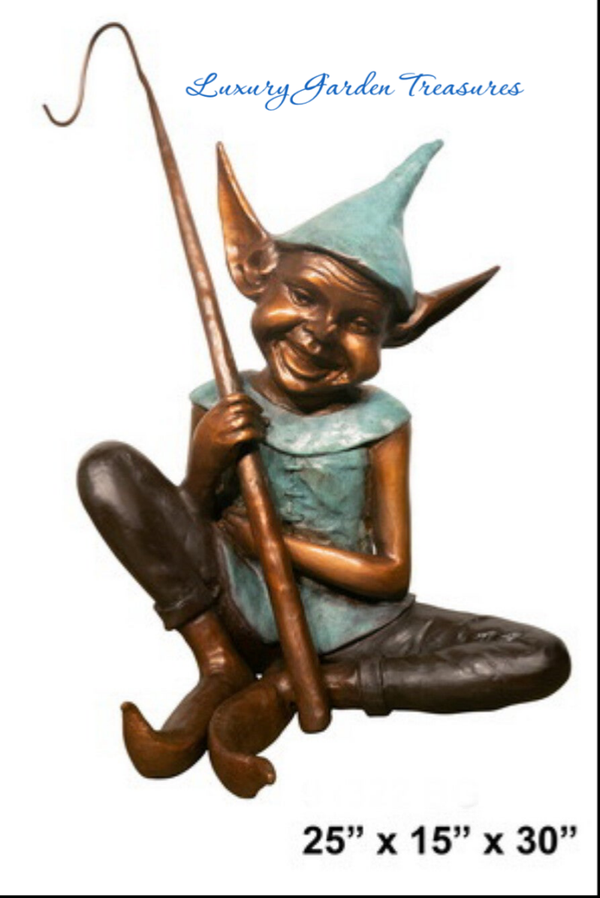 Bronze Pixie Sitting Fishing Sculpture