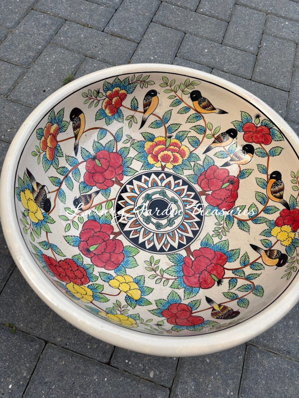 Large Hand-Painted Ceramic Bowl – Songbirds & Peony Floral Design