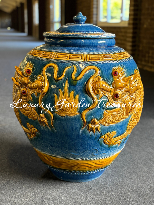 Fat Imperial Jean blue  & Gold Dragon Pot with Lid