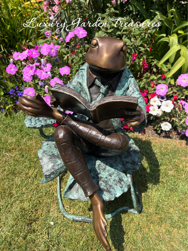 Bronze Frog Sitting Reading on Lily Pad