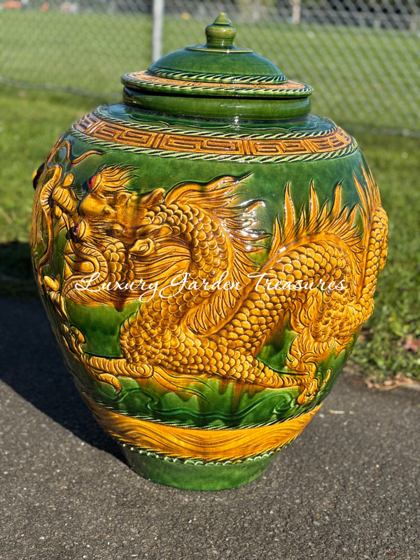 Fat Imperial Olive Green & Gold Dragon Pot with Lid