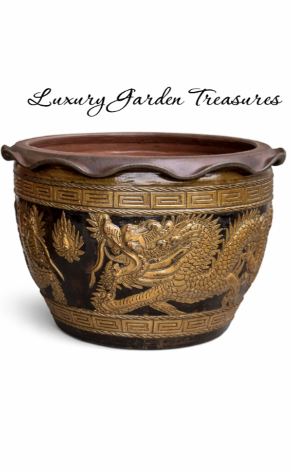 Brown Dragon Planter - Hand-Painted Ceramic Pot (Wave Rim)