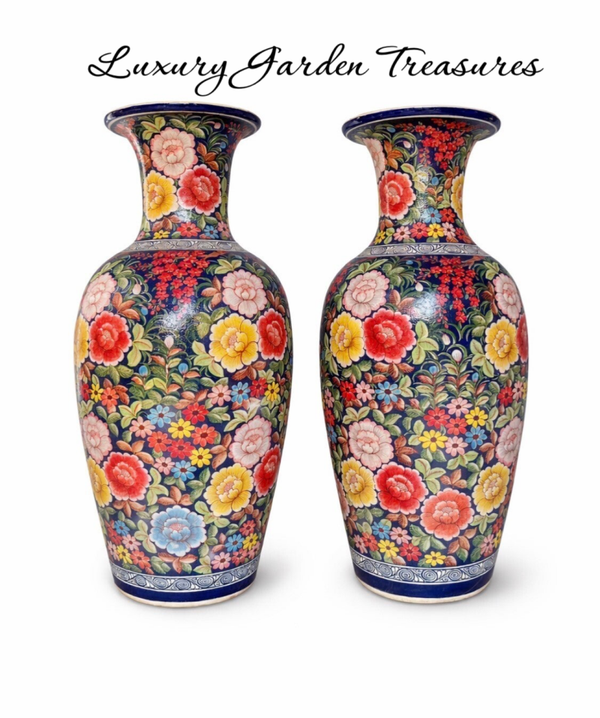 Midnight Blossom Emperor Vase Pair - Hand-Painted Ceramic Vases
