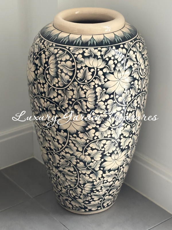 Large Hand-Painted Glazed Ceramic Floor Vase – Midnight Blue & Ivory Lotus Design