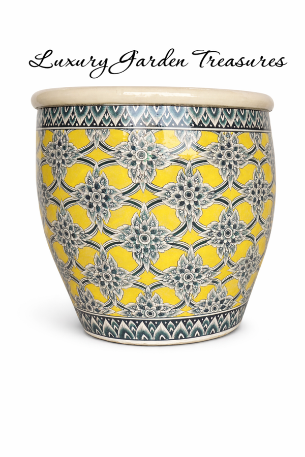 Sunshine Yellow & Indigo Floral Planter- Hand-Painted Ceramic Pot