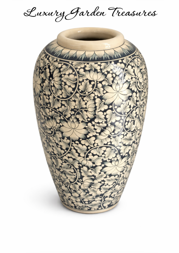 Midnight Black & Ivory Lotus Vase - Large Hand-Painted Ceramic Floor Vase