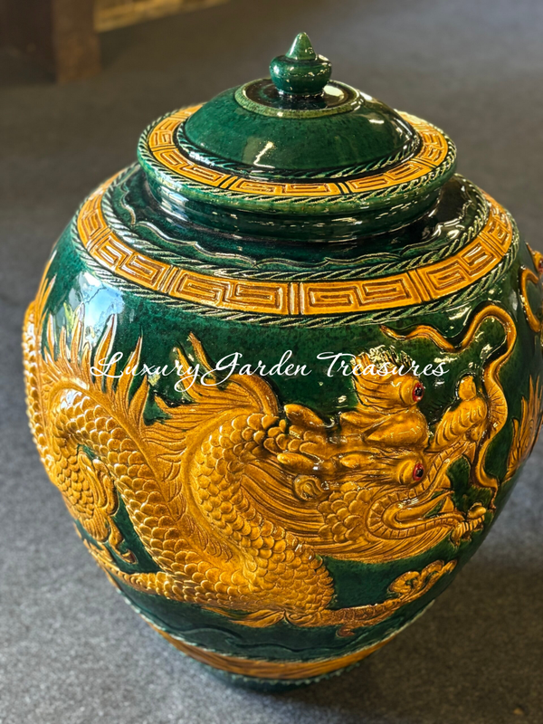 Fat Imperial Dark Green & Gold Dragon Pot with Lid