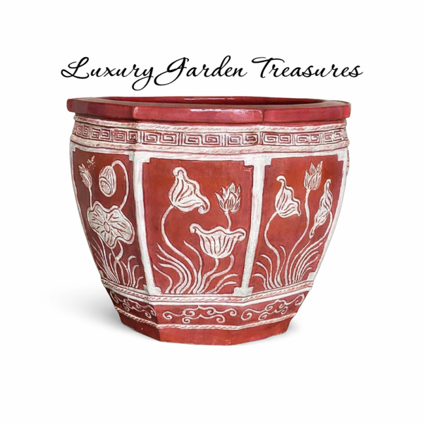 Lotus Octagonal Jardiniere Planter- Hand-Painted