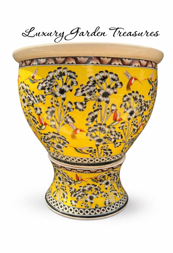 Hummingbird Garden Planter with Pedestal - Hand-Painted Ceramic Pot