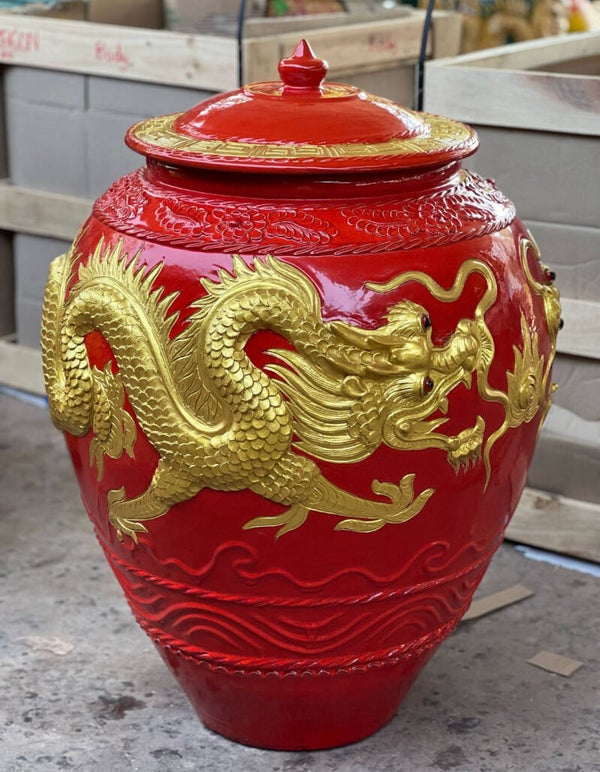 Imperial Red & Gold Dragon Pot with Lid