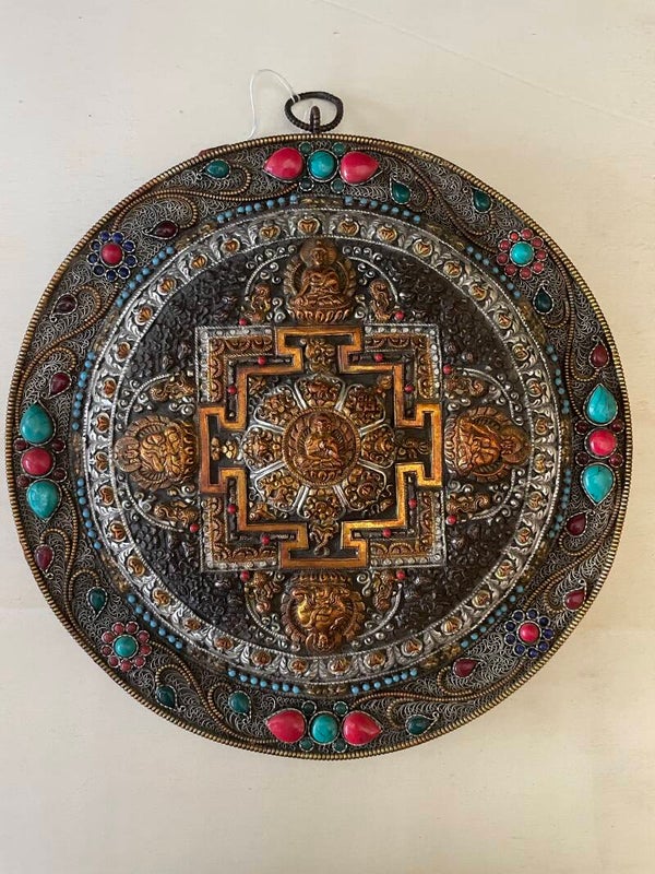 Wunderschöner handgefertigter Wandbehang – Mandala der Buddhafamilie ca, 23cm aus Nepal