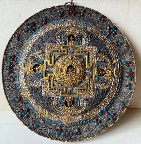 Wunderschöner handgefertigter Wandbehang – Mandala der Buddhafamilie ca, 32cm aus Nepal