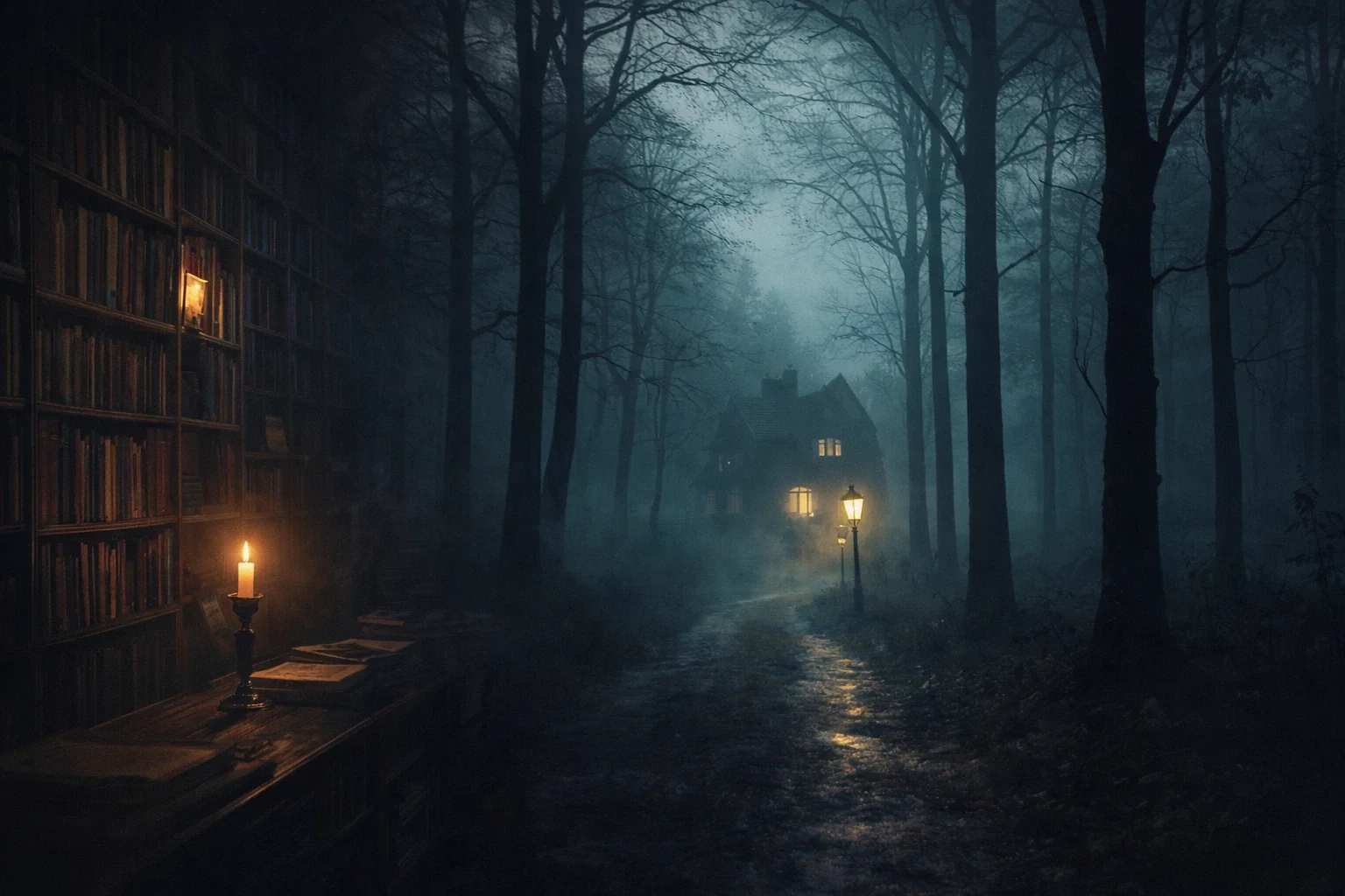 Atmospheric mystery scene combining a candle lit library and a foggy forest path leading to a house symbolizing storytelling, memory and mystery fiction.