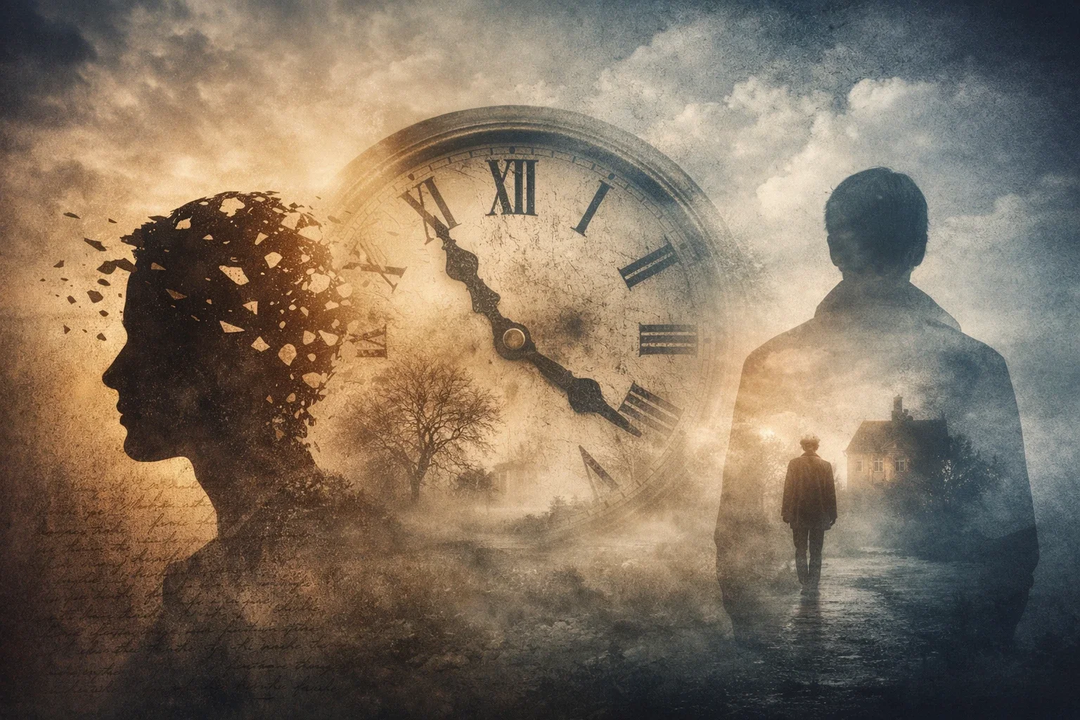 Psychological mystery concept artwork showing fragmented human memory, antique clock symbolizing time, and silhouette representing identity and perception in an atmospheric narrative scene.